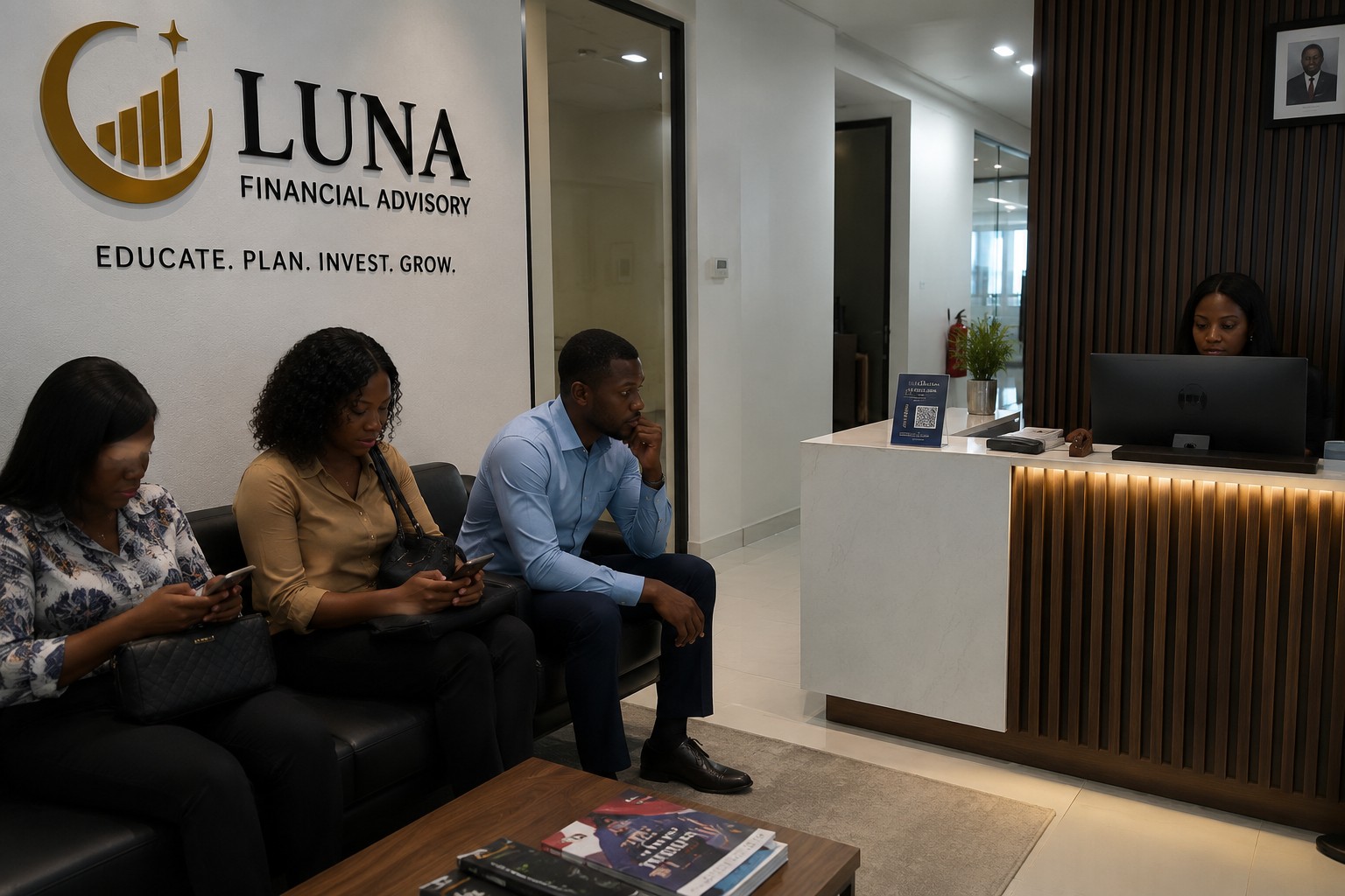 Luna Financial Advisory reception and client waiting area in Accra